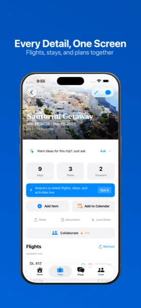 Trip detail with flights, stays, and plans on one screen