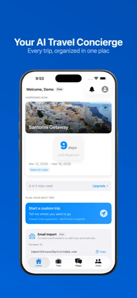 Home screen with AI travel concierge, trip countdown, and email import