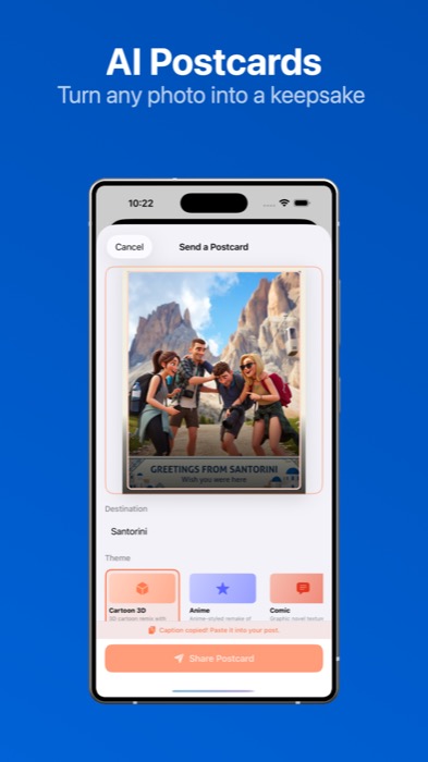 AI Postcards generator screen — pick destination, choose theme, tap Share