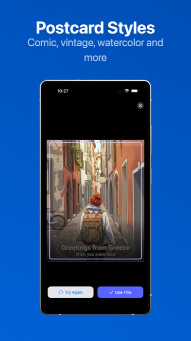 Generated postcard preview — watercolor style of a Greek alley
