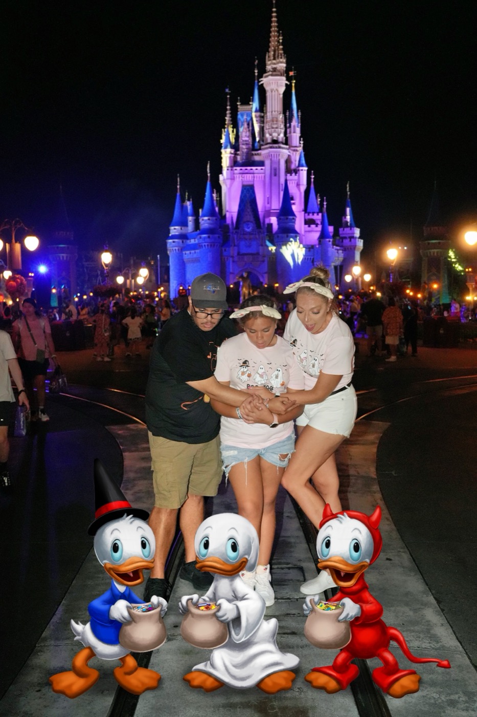 Family of three in front of Cinderella Castle at night with Disney character ducks composited in front