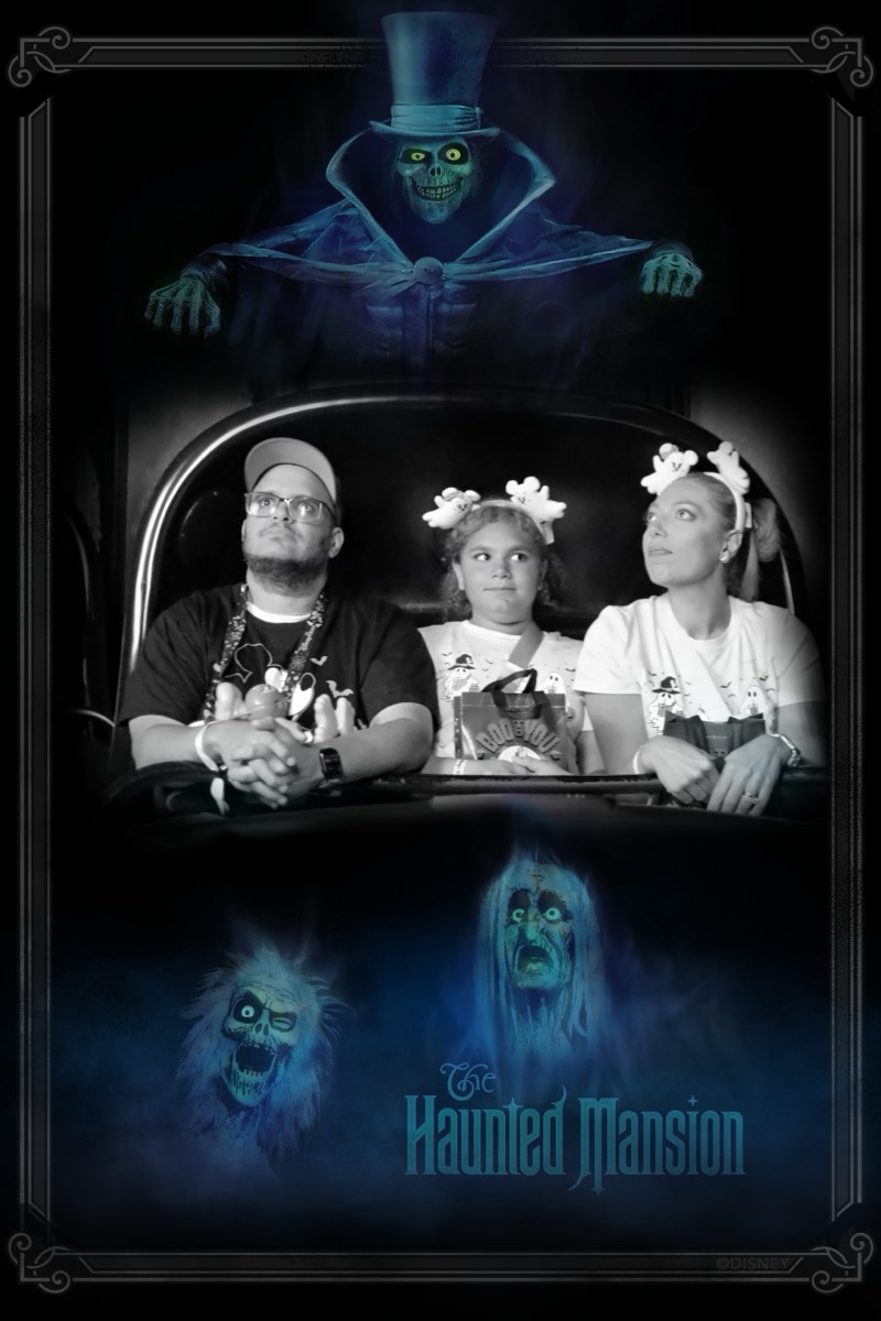 Family on the Haunted Mansion doom buggy ride photo with the Hatbox Ghost overlay
