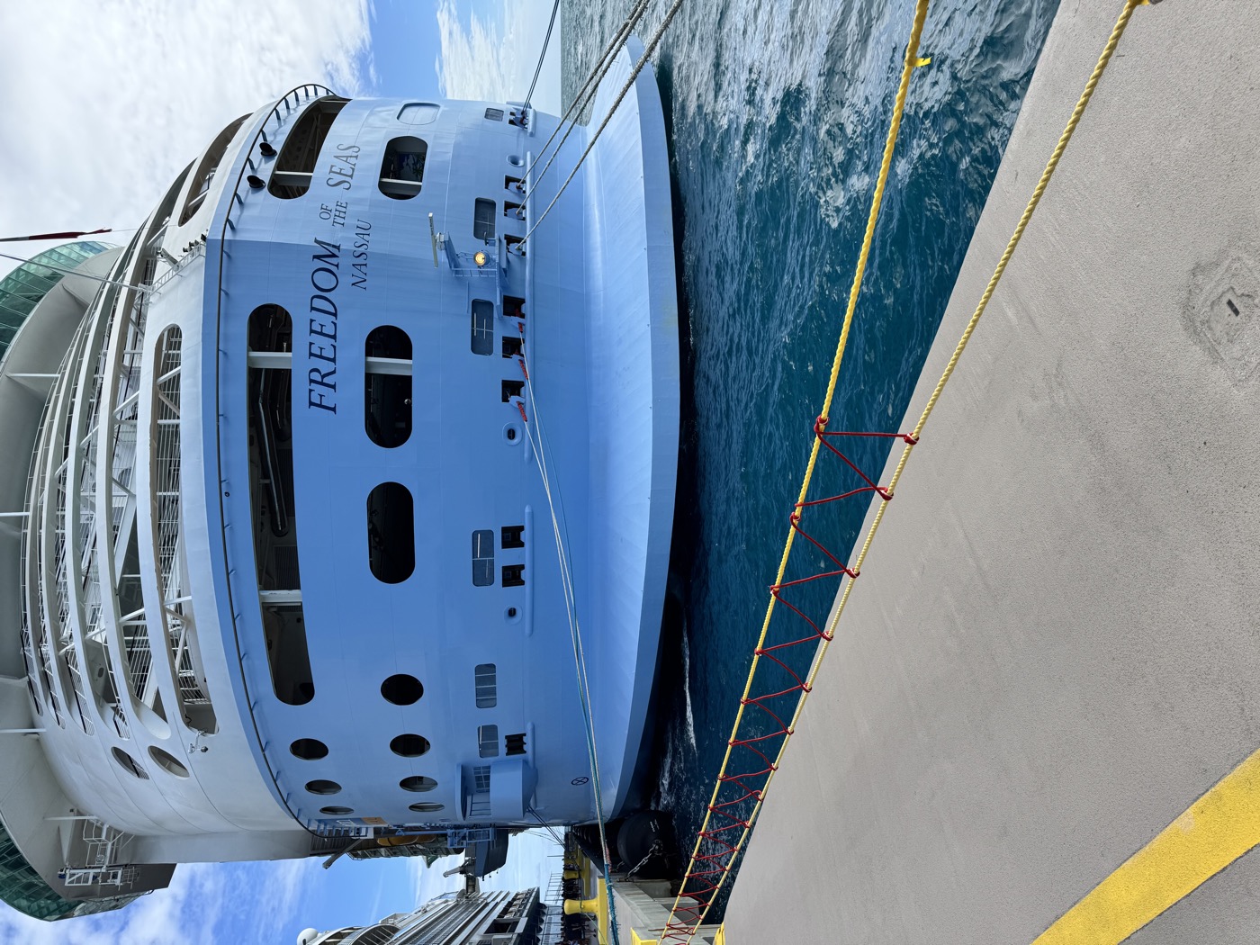 Freedom of the Seas docked at port, full broadside view
