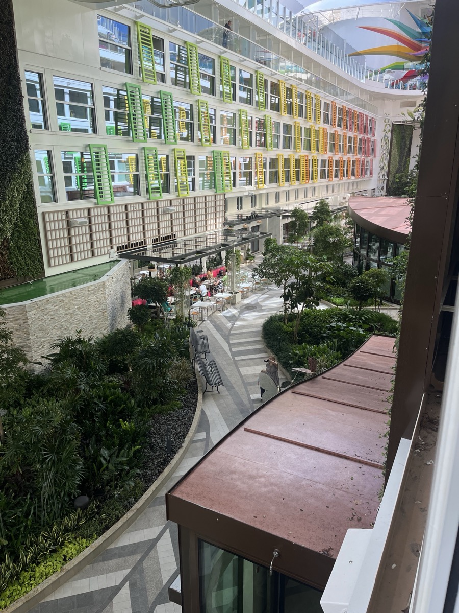 Central Park neighborhood with rainbow-colored balconies on Icon of the Seas
