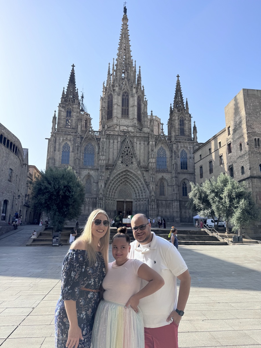 Family in front of the Barcelona Cathedral in the Gothic Quarter