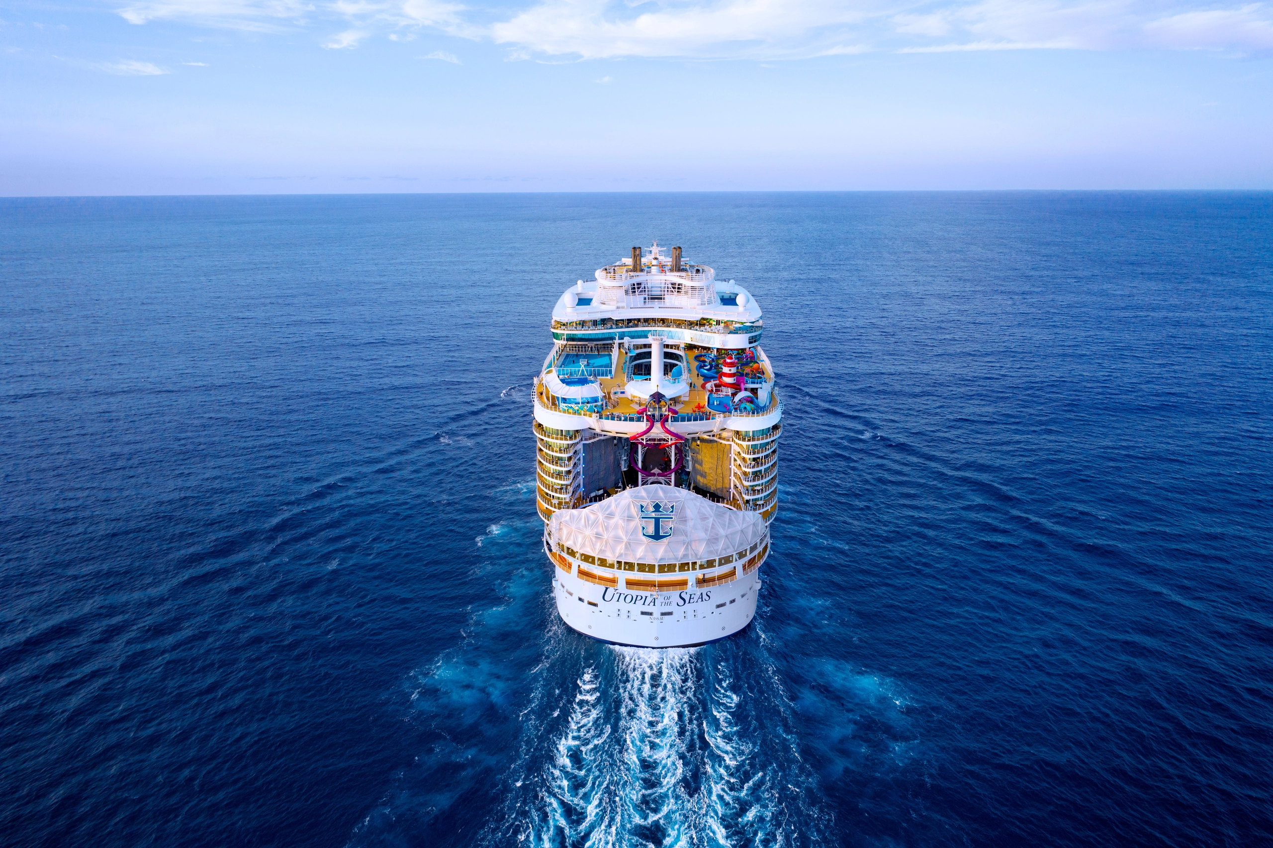 Aerial drone shot of Utopia of the Seas at sea
