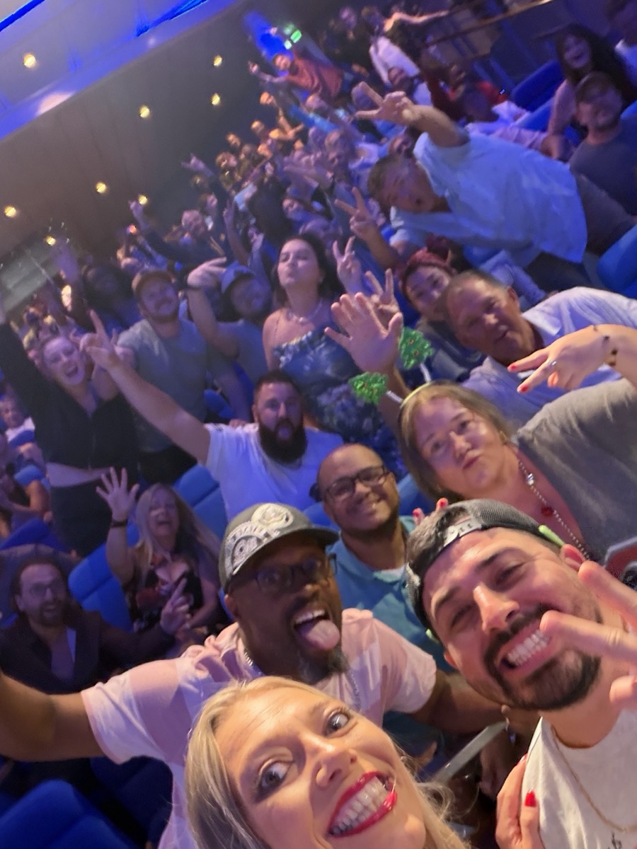 Theater audience selfie with friends from the WhatsApp group