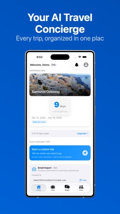 Travel by Trinidad on Android — home screen with Santorini Getaway