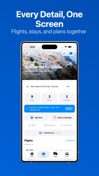 Trip detail on Android — Santorini Getaway with countdown, plans, flights