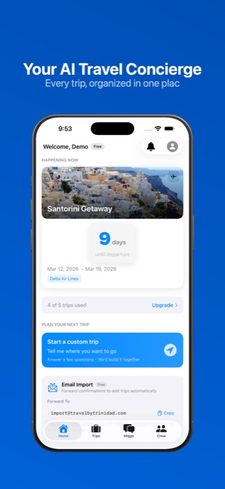 Travel by Trinidad app home screen — Welcome, plan your next trip