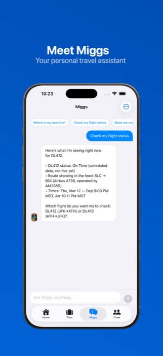 Miggs AI travel companion chat screen